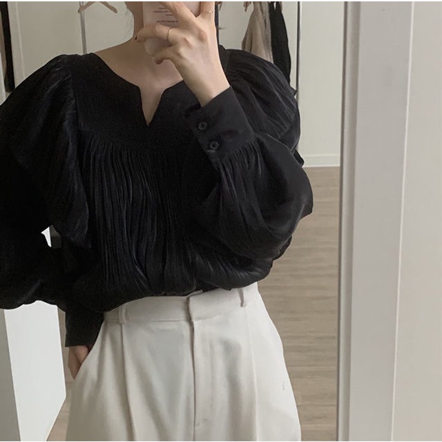 COZOK Áo Kiểu Phối Bèo Nhún Thời Trang Hàn Quốc Nữ Tính