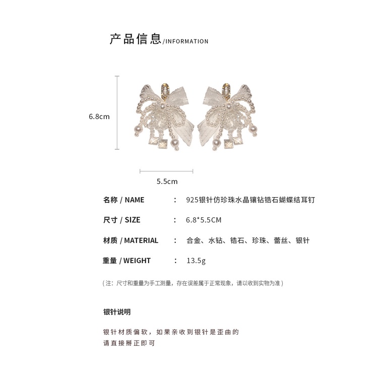 Khuyên tai bạc 925 phối nơ đính đá zircon và ngọc trai nhân tạo thời trang