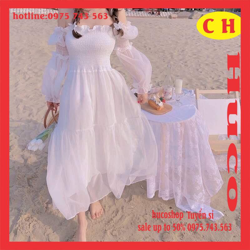 [ẢNH THẬT] váy trắng nữ trễ vai xoè hai tầng tay bồng chất voan có lớp lót trong form chuẩn ảnh Style Hàn quốc freesize | BigBuy360 - bigbuy360.vn