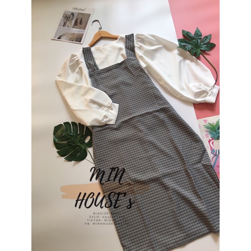 (CÓ ẢNH THẬT) BIGSIZE Set đầm yếm D731 Chất liệu: - Áo cotton lạnh- Yếm kate