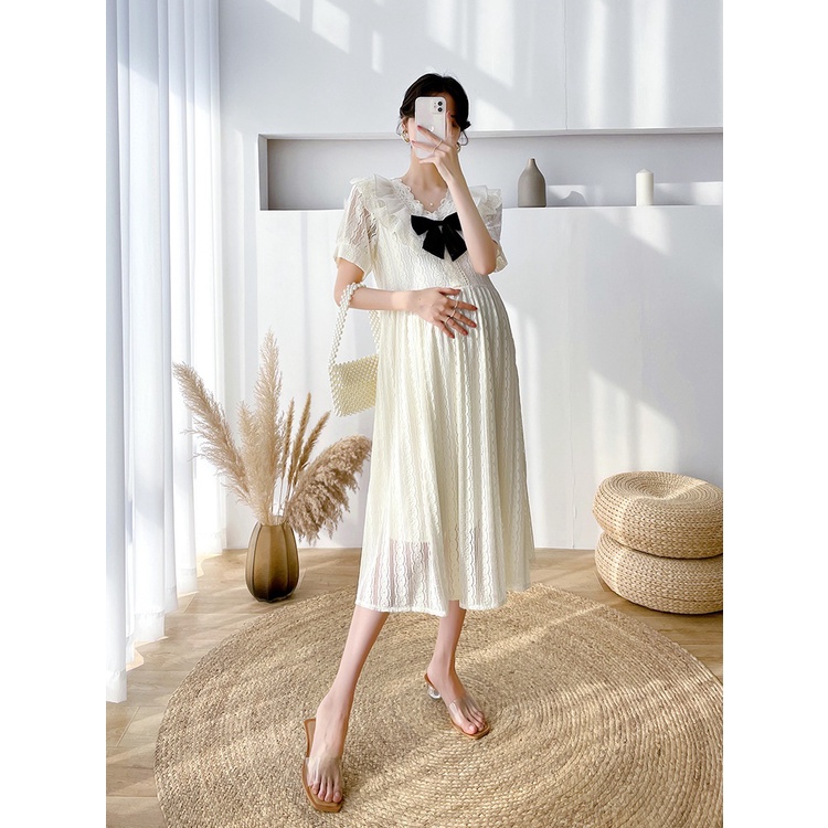Váy đầm bầu cổ bèo nơ ren thiết kế công sở, dự tiệc cho mẹ bầu phong cách hàn quốc sang trọng, thanh lịch mới mùa hè