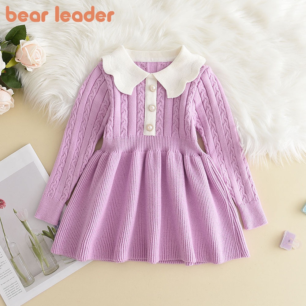 Đầm dệt kim BEAR LEADER cổ búp bê thời trang thu đông Hàn Quốc mới cho bé gái 3-7 tuổi
