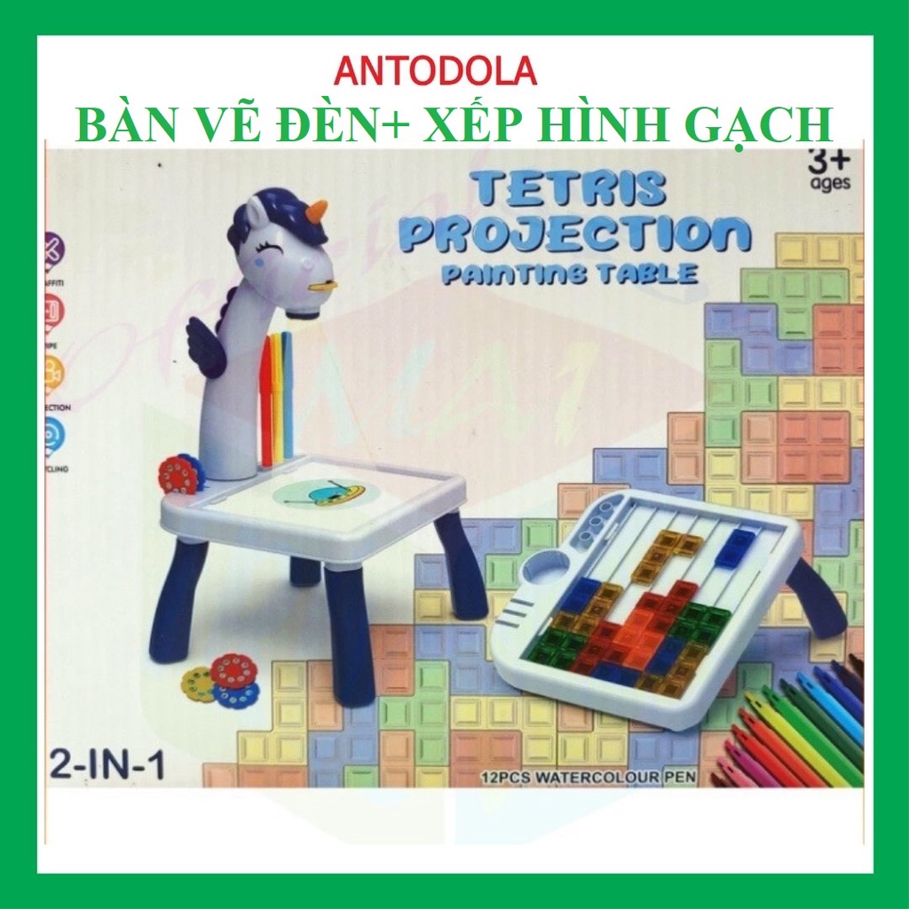 Bàn Vẽ Thông Minh Chiếu Hình Đa Năng Cho Bé, Đèn vẽ tranh cho bé có đèn, Đồ chơi xếp hình gạch cho bé  2 in1
