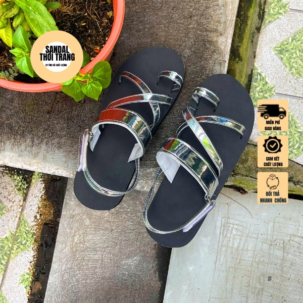 Giày sandal xỏ ngón nữ nam ĐẾ ĐEN quai bóng bạc sandal đi học nữ xăng đan học sinh sandal đồng nai giá rẻ