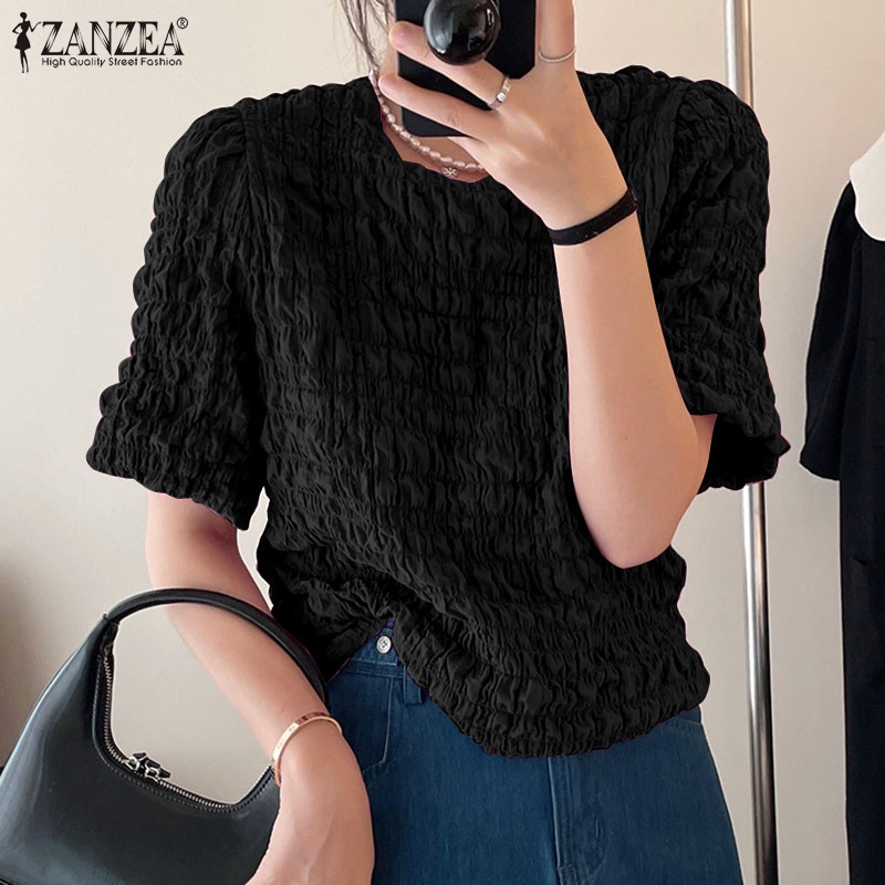 Áo kiểu ZANZEA tay ngắn dáng rộng màu trơn thời trang Hàn Quốc cho nữ