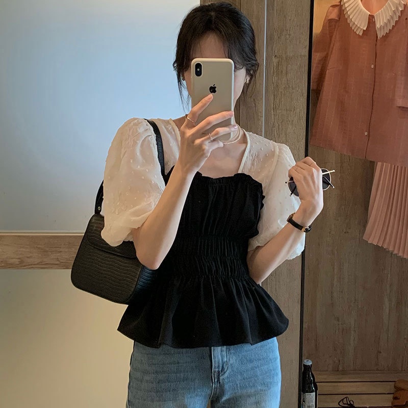 Linki ♡ Áo Sơ Mi Nữ Cổ Vuông Tay Ngắn Màu Tương Phản Phong Cách Hàn Quốc