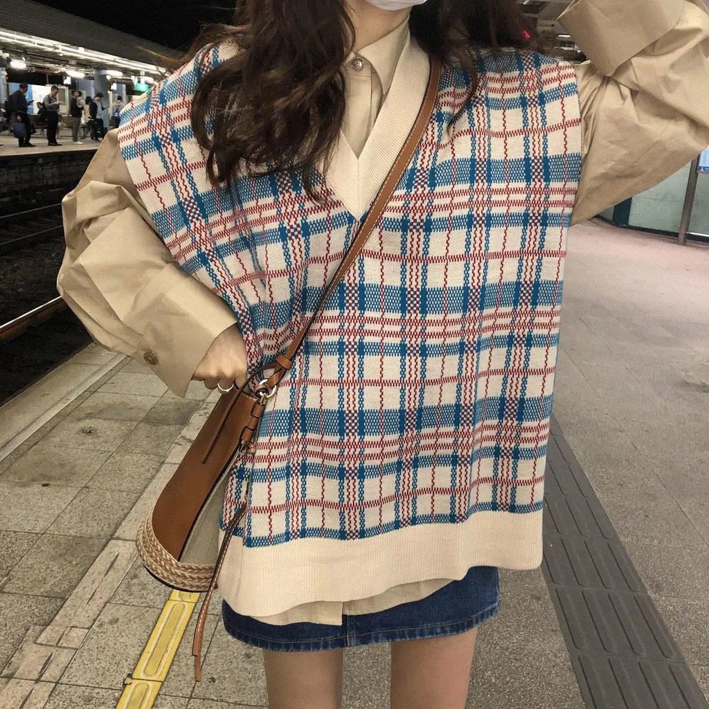 Áo gile len dáng rộng màu sáng họa tiết thổ cẩm, phong cách Hàn Quốc, loại đẹp hàng Quảng Châu - 009