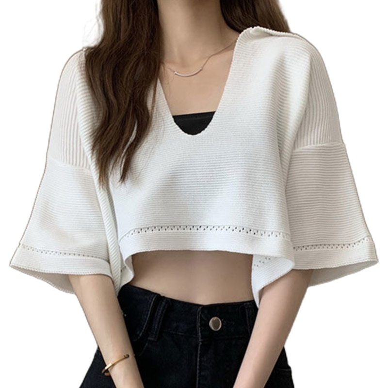 Áo Thun Tay Ngắn Cổ Chữ V Màu Trơn Dáng Rộng Quyến Rũ Dành Cho Nữ