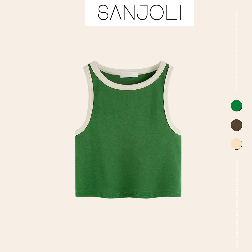Áo croptop ba lỗ nữ Sanjoli chất thun gân sát nách không tay kiểu ôm body tank top viền trắng cổ tròn AO002