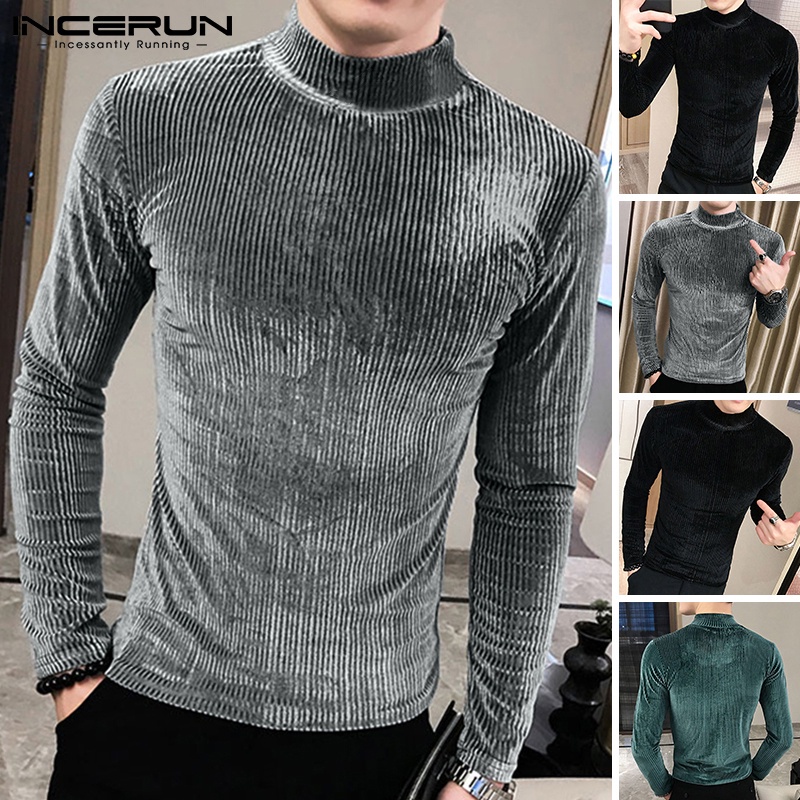 Áo nhung INCERUN tay dài cổ cao màu trơn kẻ sọc cho nam