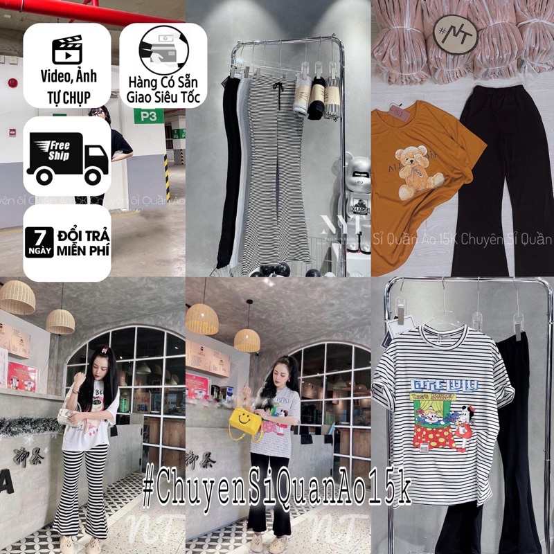 Set bộ áo thun tay ngăn in nhiệt mix quần sọc loe nhẹ, Ảnh thật trải sàn tự chụp chất giãn thoải mái