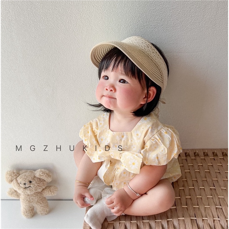 Mũ cói nửa đầu viền ren cho bé cực xinh