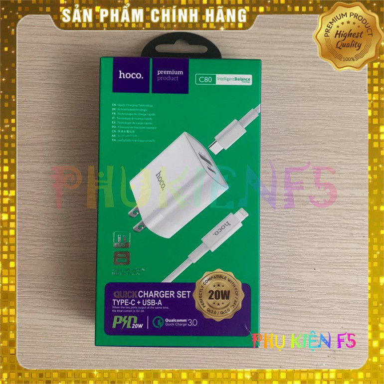 Bộ Sạc Nhanh IPhone PD20W Hoco C80 Chính Hãng Hỗ Trợ PD/QC3.0 2 C USB Và Type C , Có Kèm Cáp Type C To Lightning PD 1M