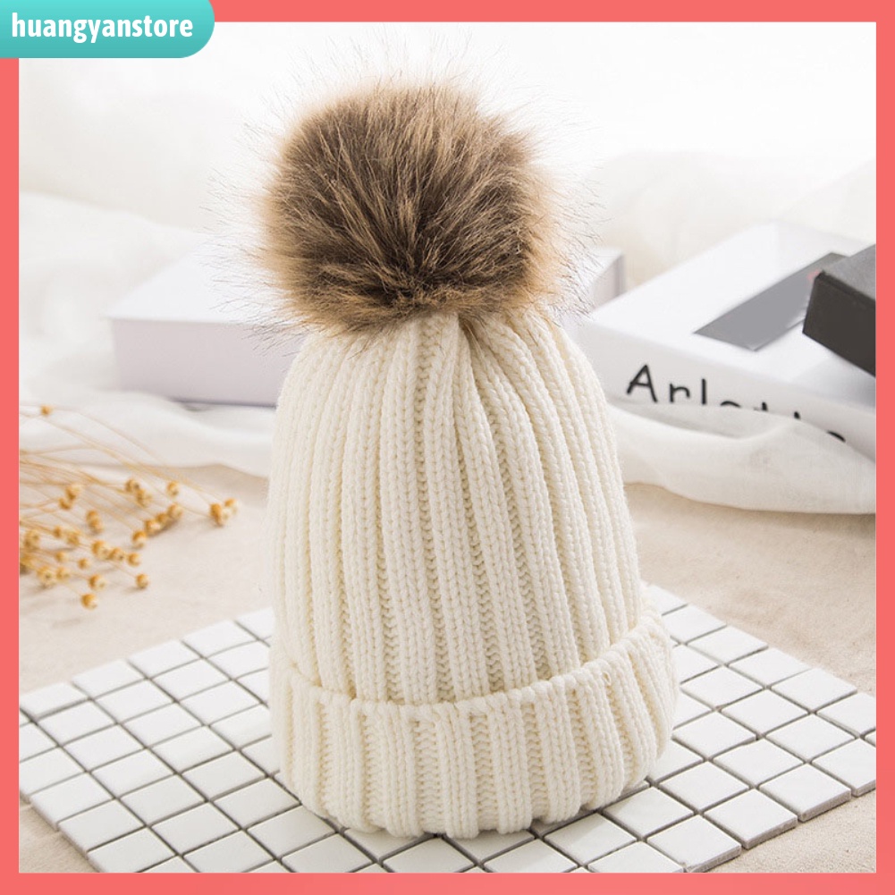 HY| Mũ len đính bóng lông màu trơn giữ ấm cho nữ