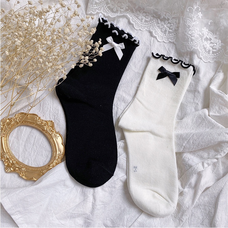 Tất cổ nhún đính nơ tất vớ nữ cổ cao phối giày oxford phong cách lolita, Vớ bắp chân kiểu dáng JK Nhật Bản TN23