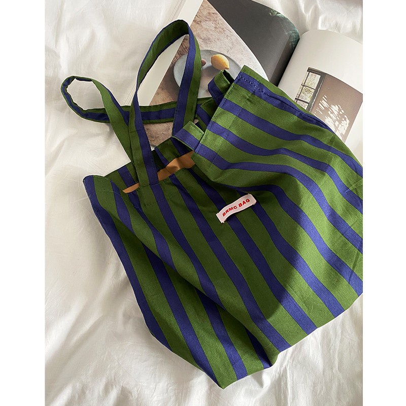 Túi Tote Đeo Vai Sức Chứa Lớn Họa Tiết Kẻ Sọc Màu Xanh Lá Cây Phong Cách Pháp Cổ Điển Thời Trang Cho Nữ