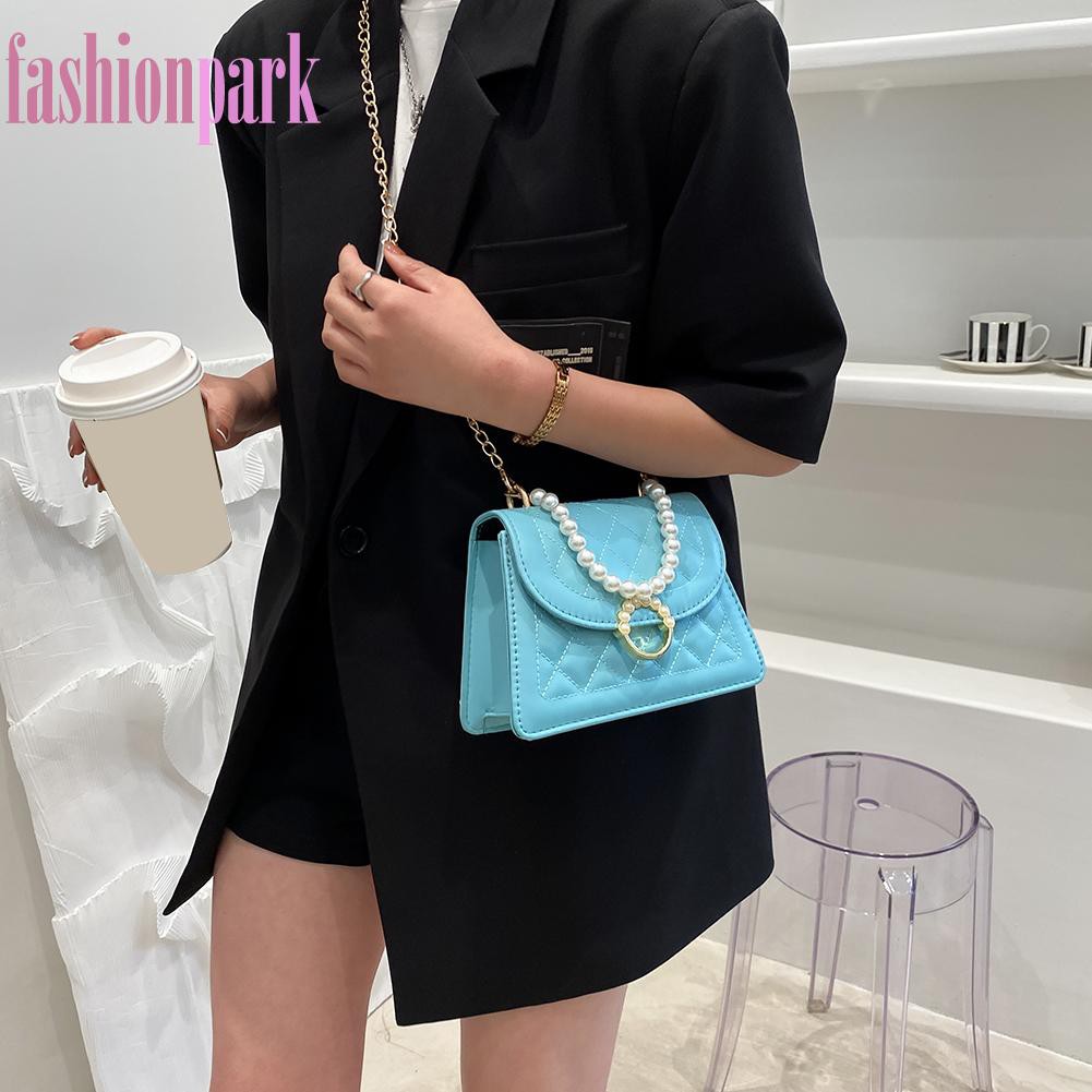 (FAS) Fashion Women Lattice Pattern PU Crossbody Bag Casual Pearl Chain Handbags