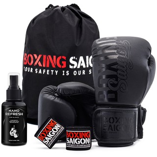 Combo Găng Tay Boxing Saigon + Băng Quấn Tay 4m5 (tặng túi rút & xịt) - Matte Black