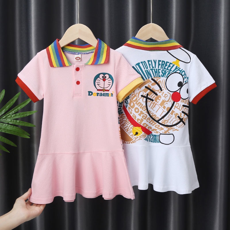 Quần Áo Mùa Hè Cô Gái♥Đầm Thun POLO Tay Ngắn Cổ Sơ Mi In Hình Hoạt Hình Phong Cách Hàn Quốc Dễ Thương Dành Cho Bé Gái