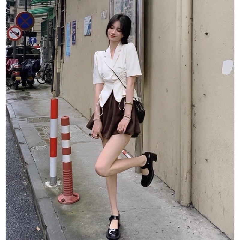 Sét áo cổ vest nhúm 2 bên mix chân váy xếp ly to siêu xinh