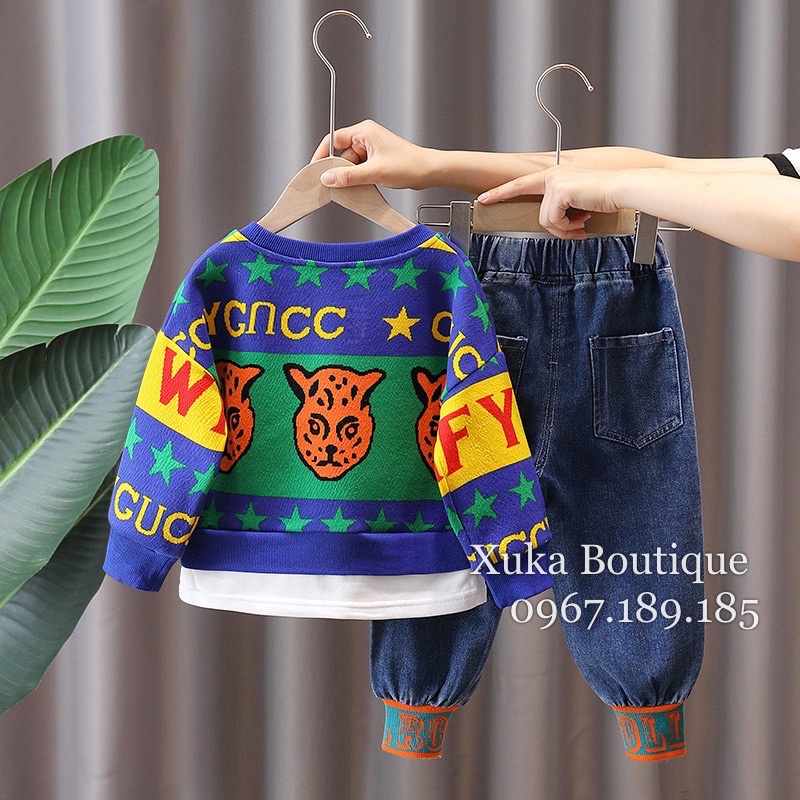 Set Quần Jean Cao Cấp Bé Trai Áo Nỉ xốp sành điệu [Ảnh Thật]