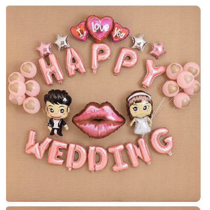 ( chính hãng dày loại 1) bóng chữ happy wedding- bóng trang trí phòng cưới