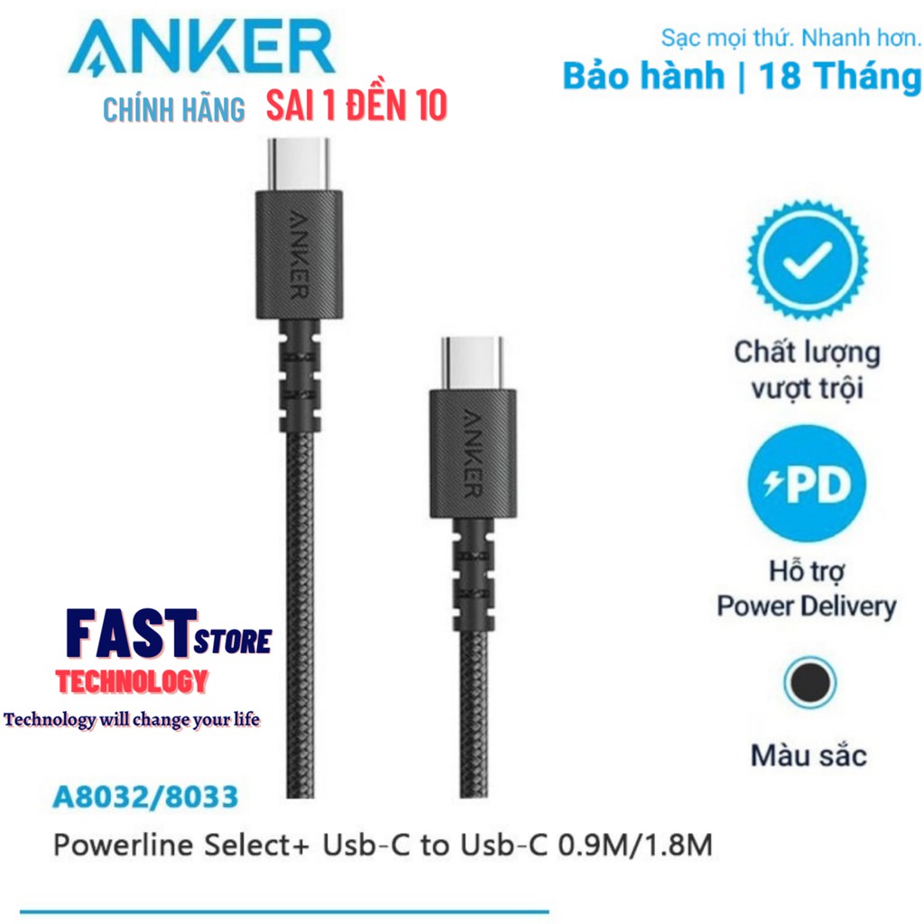 [Chính hãng] Cáp sạc nhanhType C to Type C Anker Powerline Select+ 60w 1.8m - A8033 laptop macbook ipad samsung S/note