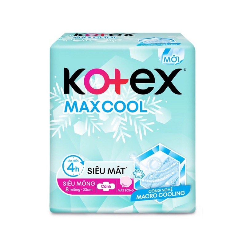 BĂNG VỆ SINH KOTEX THẢO DƯỢC MAX COOL MỎNG CÁNH MẶT BÔNG 23cm (1 gói 8 miếng)