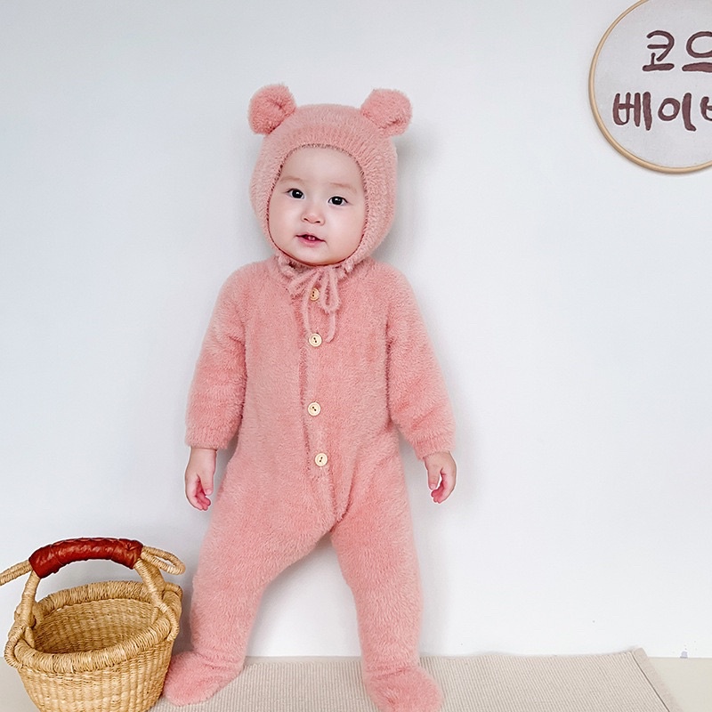 Bodysuit len lông ấm liền thân kèm mũ cho bé