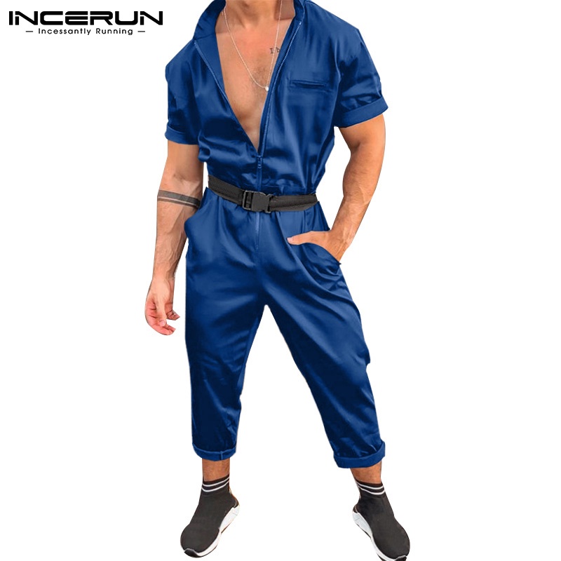 Áo liền quần INCERUN tay ngắn cổ bẻ có thắt lưng phối dây kéo thời trang cho nam