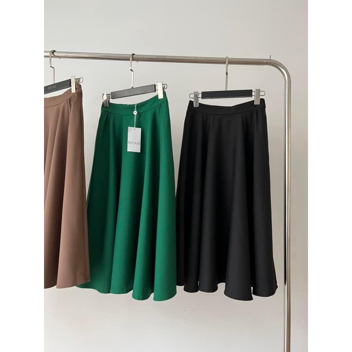 Chân Váy Midi Dáng Xoè MYAN Thiết Kế Dáng Dài 2 Túi Màu Trơn (Trắng, Xanh lá, Nâu, Đen) VVN092206