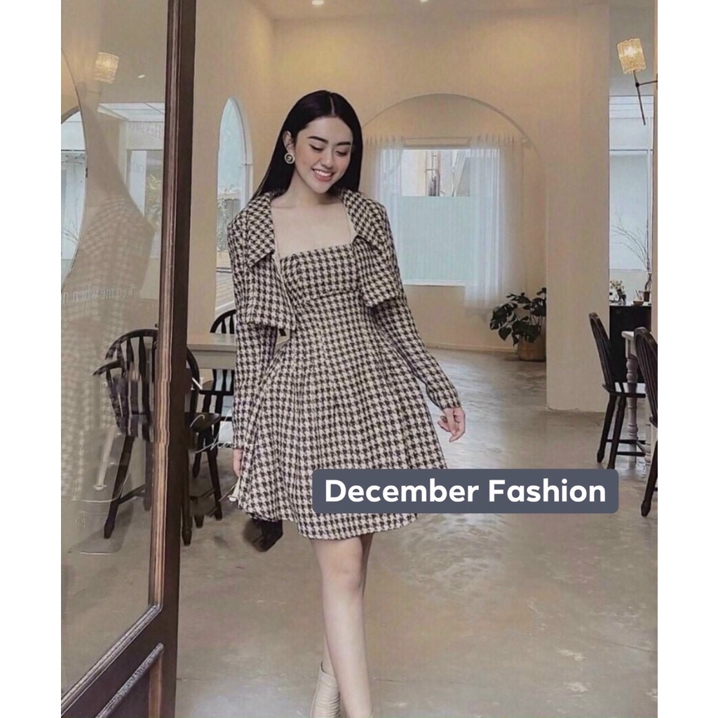 Set dạ váy kèm áo choàng croptop ngăn, Set váy nư, Chất vải loại 1 - December Fashion