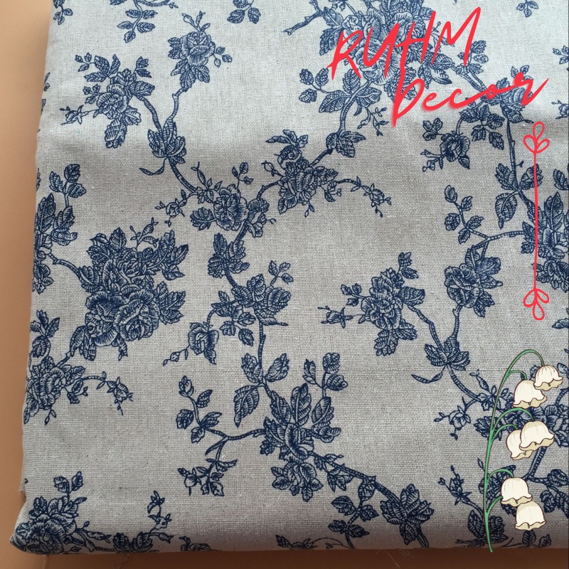 Vải canvas trải bàn, may túi rèm, chụp ảnh sản phẩm họa tiết Hoa vintage xanh blue V-B01
