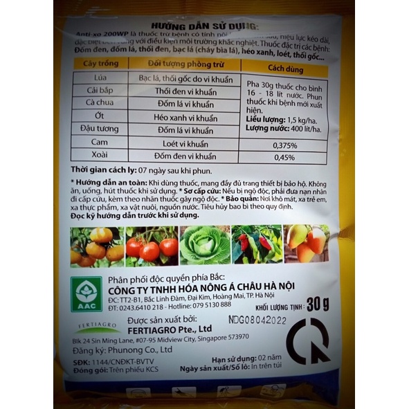 ANTIXO 200WP gói 30gr: Thuốc Đăc Trị Bệnh Vi Khuẩn Bạc lá, Thối Nhũn