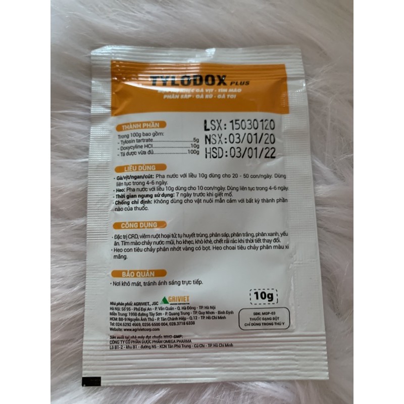 DATE 1/2022  TYLODOX 10g- khẹc gà vịt, gà rù, gà toi, phân sáp, tím mào trên gà vịt ngan cút