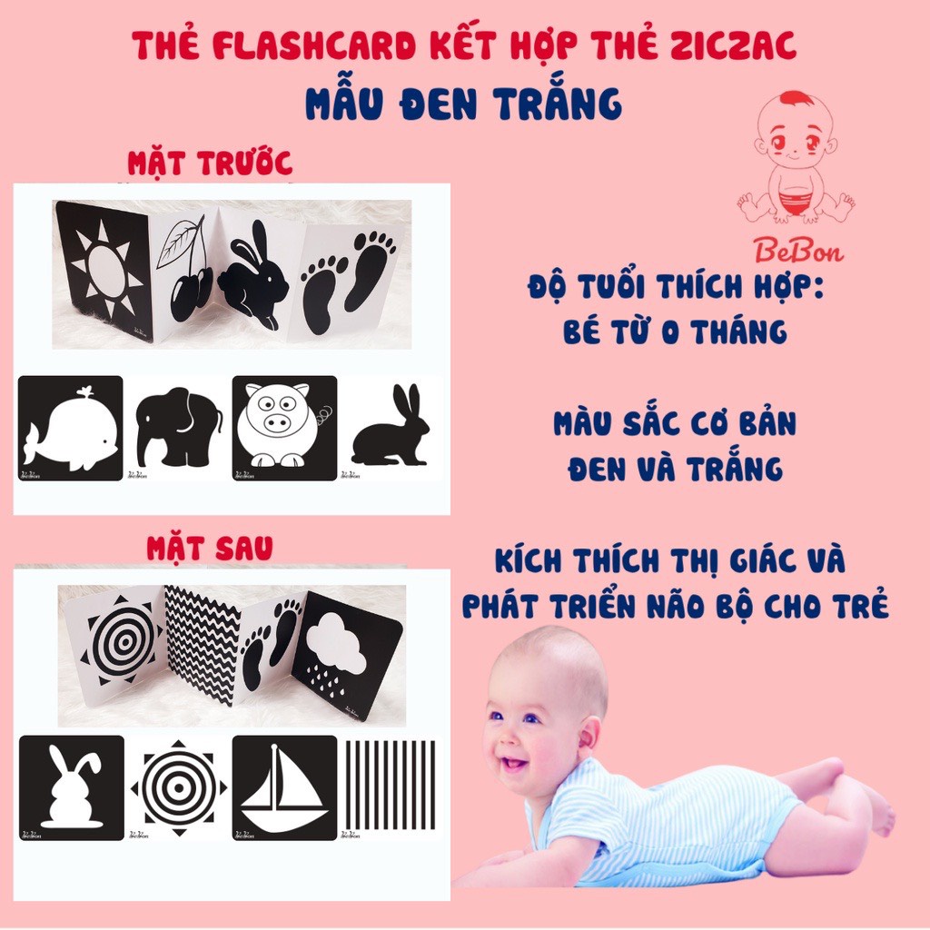 Bộ Thẻ KÍCH THÍCH THỊ GIÁC Cho Trẻ Sơ Sinh Phát Triển Toàn Diện [dạng đứng ZIG ZAC và FLASHCARDS ] Bebon