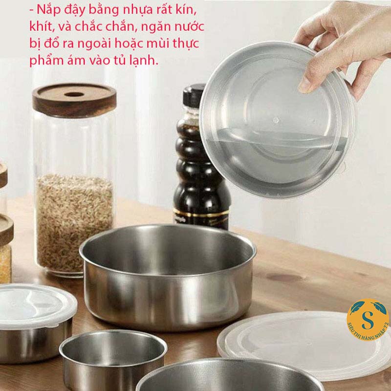 Bộ 5 Thố Inox Đựng Thực Phẩm - Bộ Hộp Đa Năng Nhiều Kích Thước Có Nắp Đậy Chân Không - Hàng Chuẩn