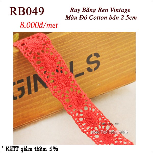 Ruy Băng Ren Vintage Màu Đỏ Cotton bản 2.5cm