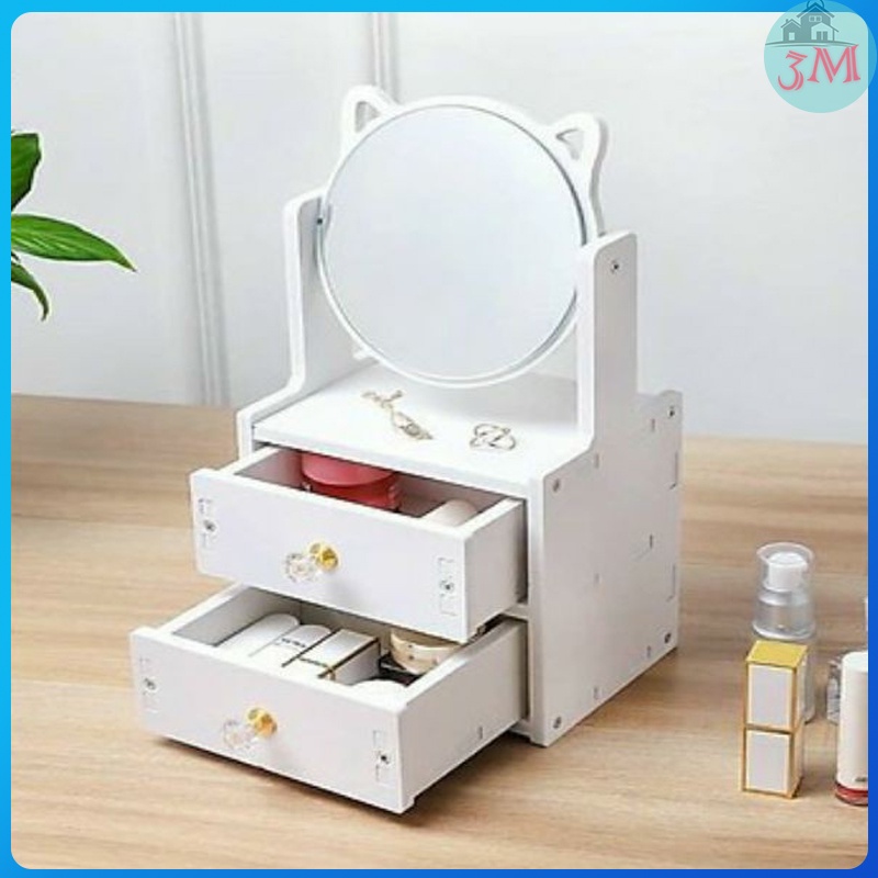 Kệ Đựng Mỹ Phẩm- Tủ Đựng Mỹ Phẩm Có Gương Tai Mèo Để Bàn Siêu Dễ Thương Cao Cấp