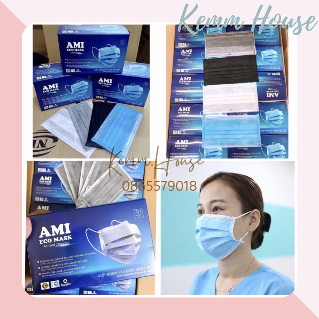 Hộp 50 chiếc khẩu trang y tế 4 lớp kháng khuẩn AMI ( Hàng chính hãng logo dập nổi) - Kemm.house