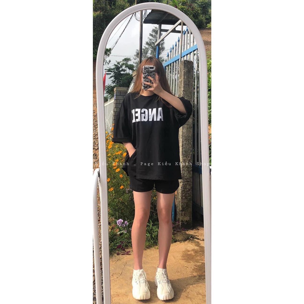 Sét đồ nữ mặc nhà ANGEL áo thun tay lỡ xẻ tà kèm quần short đùi dáng rộng thể thao basic