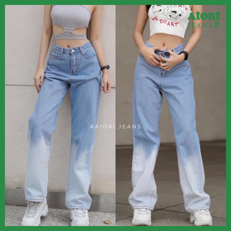 Quần Jean Nữ AIORI Ống Rộng Lưng Cao Trơn Loang Màu Ống Suông Cạp Cao Cotton Mềm Mịn,Thời Trang Hàn Quốc_S3403
