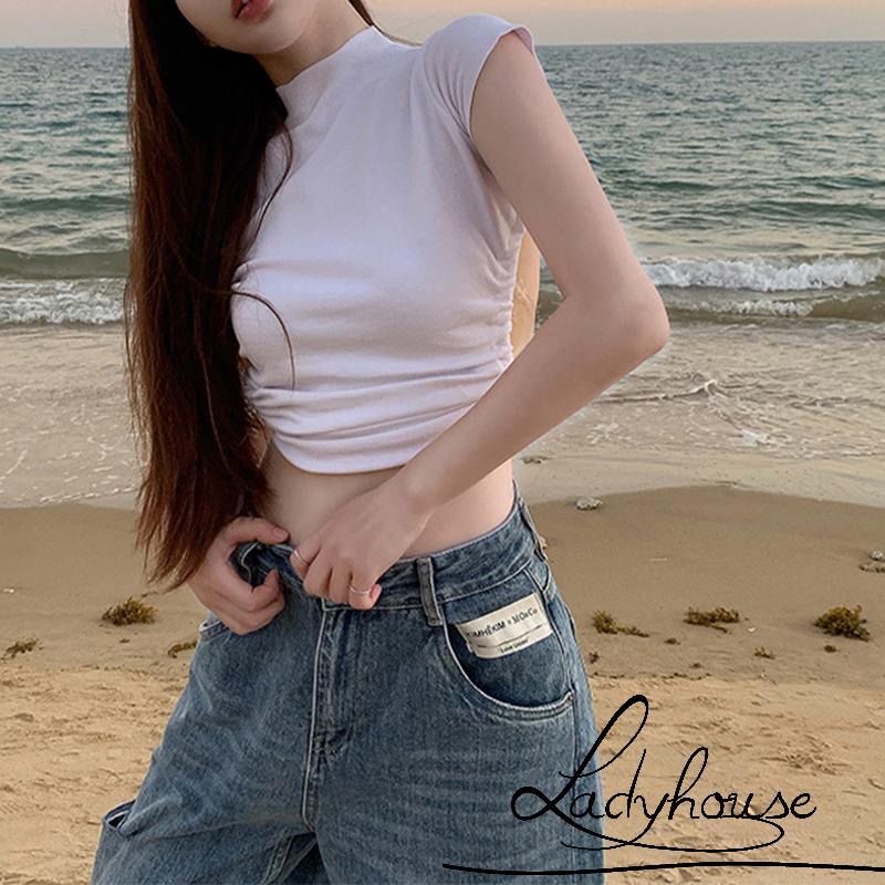 Áo Thun Crop Top Tay Ngắn Cổ Rùa Hở Lưng Màu Sắc Trơn Dành Cho Nữ