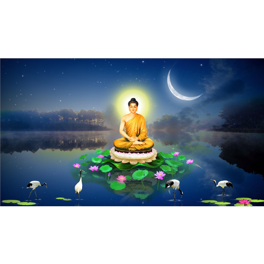 Tranh Liễn Phật Giáo -Tranh Phật Thích Ca- chất liệu vải canvas kim tuyến, nẹp sáo gỗ tự nhiên-BIG SIZE
