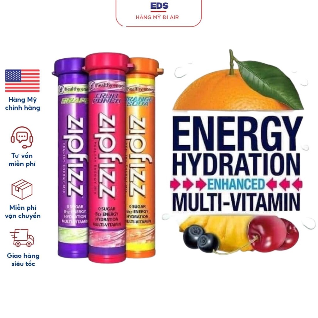 Bột vitamin bổ sung năng lượng điện giải Zipfizz Healthy Energy Drink Mix tăng sức bền cấp nước - EDS Hàng Mỹ