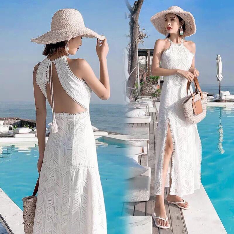 Váy trắng đi biển hoẻ vai xẻ đùi cực đẹp còn mới 90%