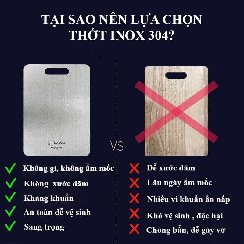 Thớt inox Foodcom cao cấp, 30cmx23cmx2mm, nặng 1.05kg, kháng khuẩn, chống mùi, hàng made in VN &amp; Sus304 25x36cm 1,1Kg