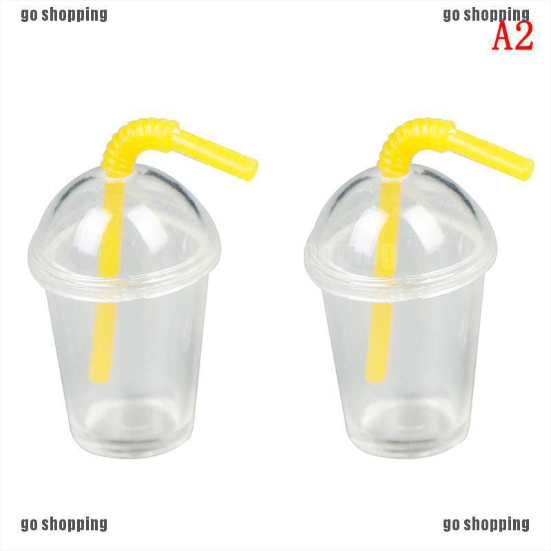{go shopping}2Pcs 1:12 Dollhouse mini milk tea cup with straw simulation drink model toys