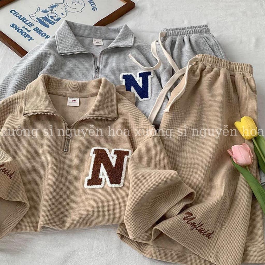 Sét bộ chữ N áo polo khóa cổ kèm quần đùi form dáng rộng unisex nam nữ mặc được 2 màu nâu xám xưởng sỉ nguyễn hoa