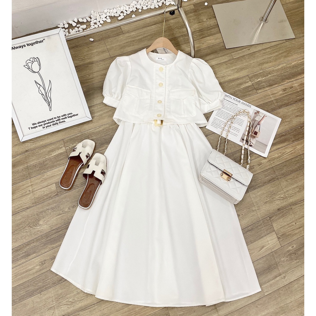 SÉT ÁO KÈM CHÂN VÁY CẠP CHUN 2 MÀU TRẮNG BE